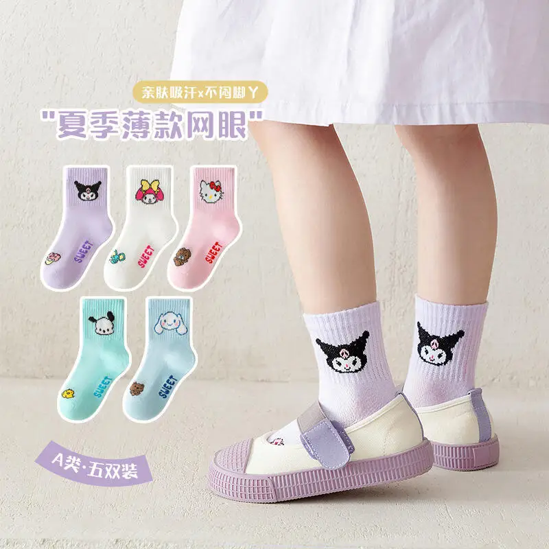 

5Pcs Halloween Kuromi Girls' Cartoon Socks Sanrio Hello Kitty Pochacco Spring Autumn Anime Kawaii Absorb Sweat Soft Cotton Socks