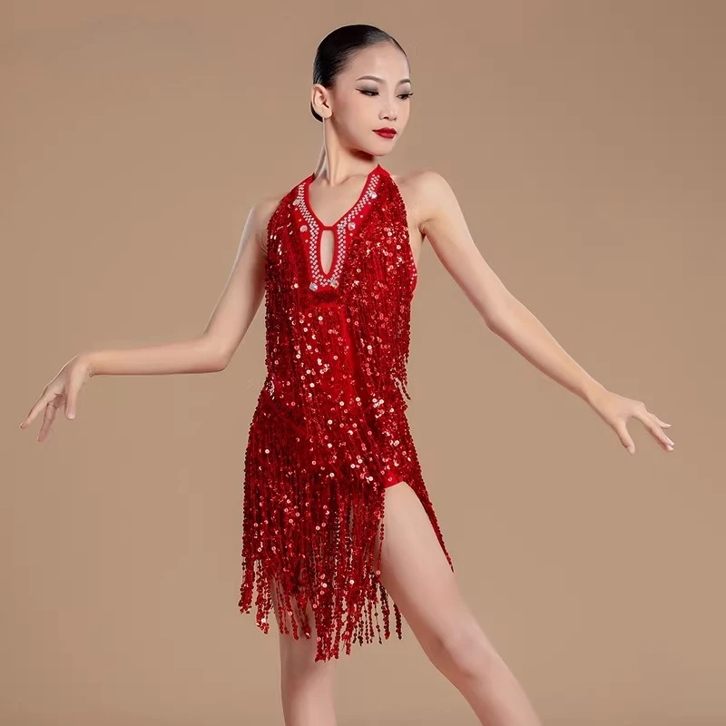 

2026 New Latin Performance Dance Dress Women Sexy Outdoor Ballroom Party Fringe Skirt Sport Practice Wear red Prom Evening Suit