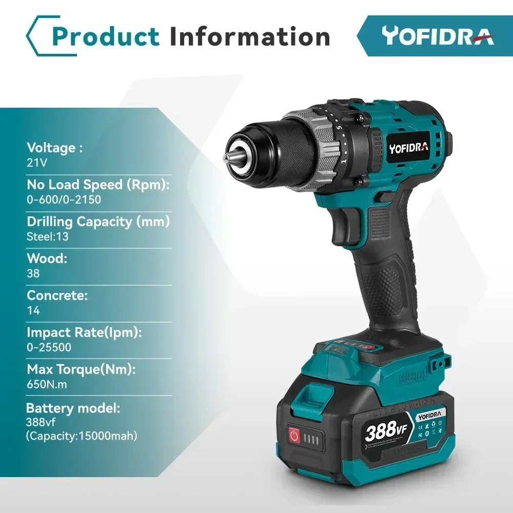 Yofidra 650N.m 13mm Brushless Electric Drill 25+3 Torque Multifunction Home DIY Ice Breaking Power Tools For Makita 18V Battery