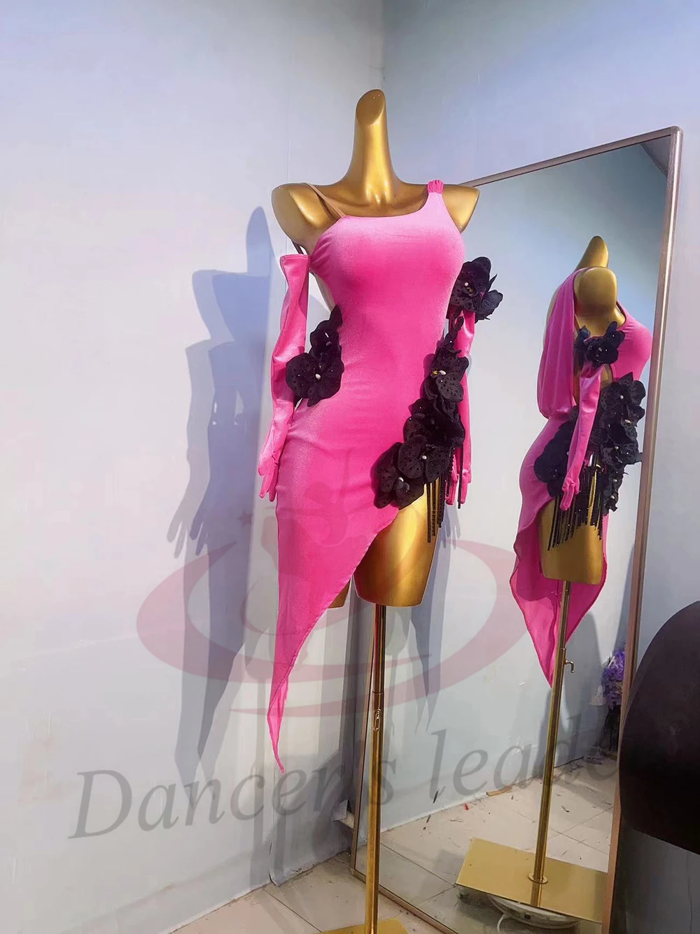 Latin Dance Costume AB Stone Female Adult Children High-End Customized Velvet Fabric Flower Suit Black Pool Samba Dress