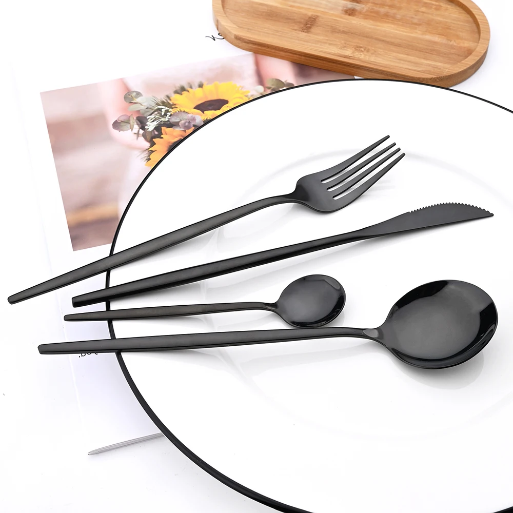 32Pcs Black Dinnerware Set Mirror Stainless Steel Flatware Set Knife Coffee Spoon Fork Silverware Wedding Tableware Cutlery Set