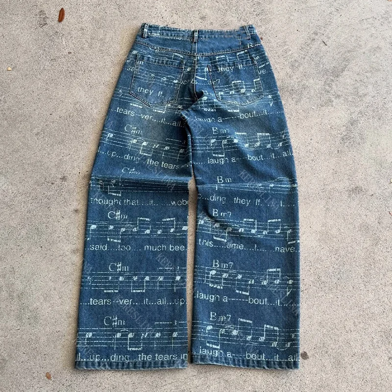 

Vintage Chic Geometric Print Harajuku newjeans 2000s Aesthetic Y2k High Street Hip Hop Punk Rock Fashion Unisex Denim Trousers