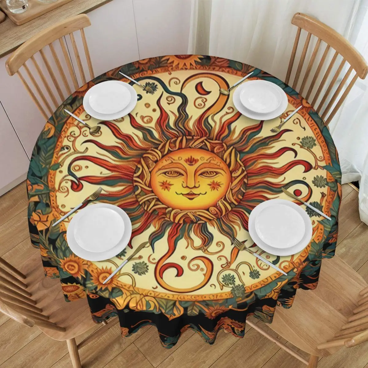 Vibrant 3D Mandala Sunflower Round Tablecloth Flowers And Plants Table Cover Floral Table Cloth For Home & Dining Decoration