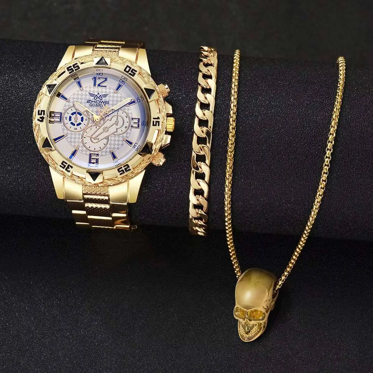 スチールストラップ付きメンズクォーツ時計,ビジネスウォッチ,メンズファッションジュエリーセット,ボックスなし,1セットあたり3個