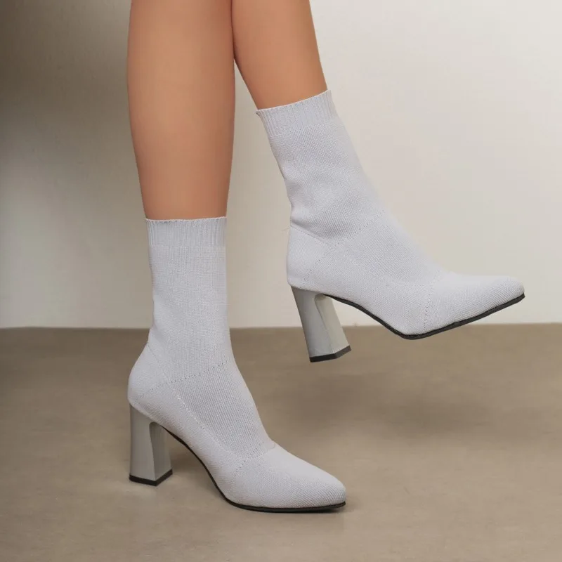 Female winter new style pointed-toe thick-soled high-heeled ankle-length stretch boots with large size and elastic feature 2026