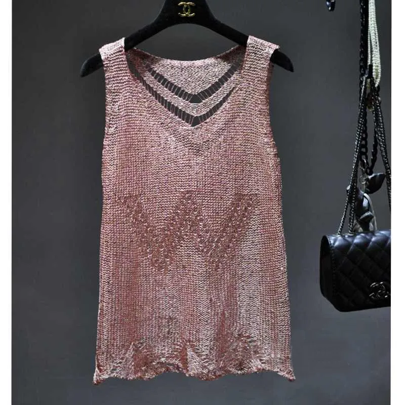 

Casual fashion with sequined sexy hollowed-out halter vest bright silk and gold thread sleeveless bottom knit slim top