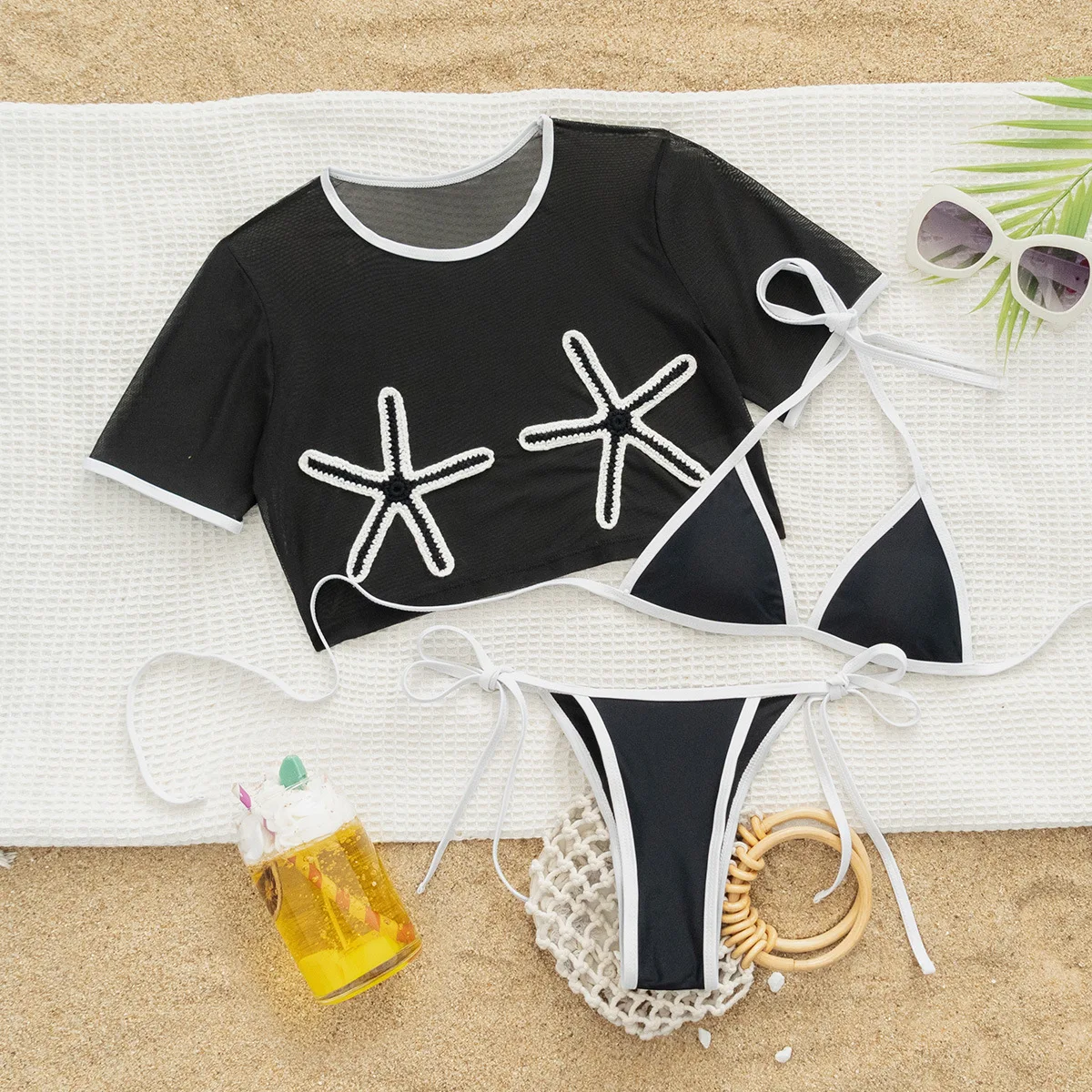 

sexy patchwork micro mini halter tie bikinis sets 3pcs with starfish short sleeve crop tops swimsuits bathing suit beach outfits