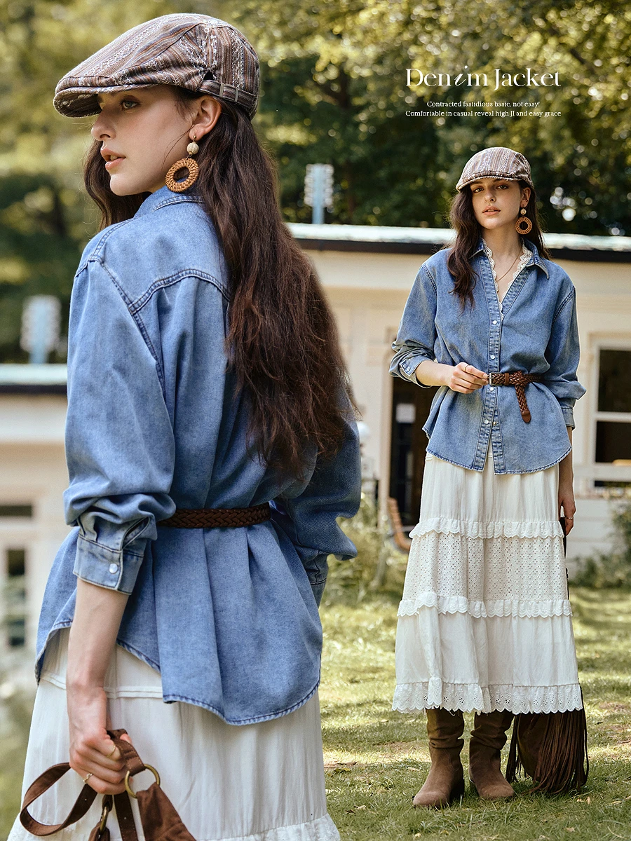 

OLrain Women's Blue Denim Shirt Ladies 2025 Autumn Lapel Lace Trim Button Up Long Sleeve Tops for Woman Clothes M57QC000019