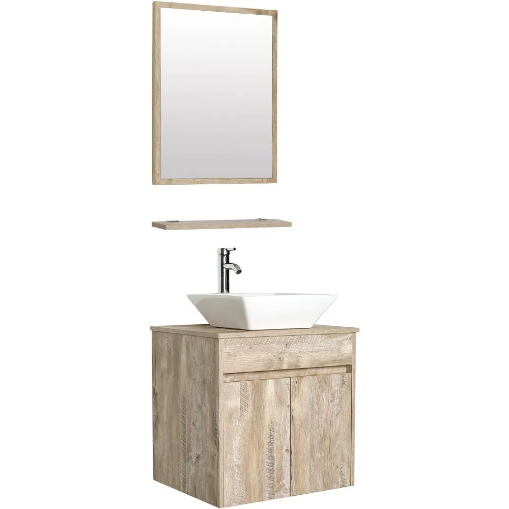 Bathroom Vanity Sink Combo Wall Mounted Natural Cabinet Vanity Set White Square Ceramic Vessel Sink Top, W/Chrome Faucet