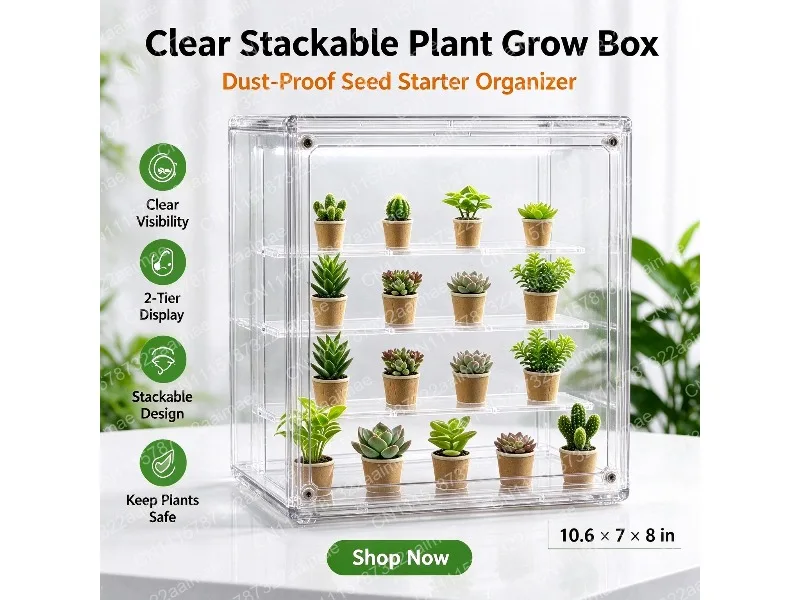 Mini Indoor Greenhouse with Magnetic Door, Stackable Clear Plant Cover for Succulent Seed Starting, Small Observation Station