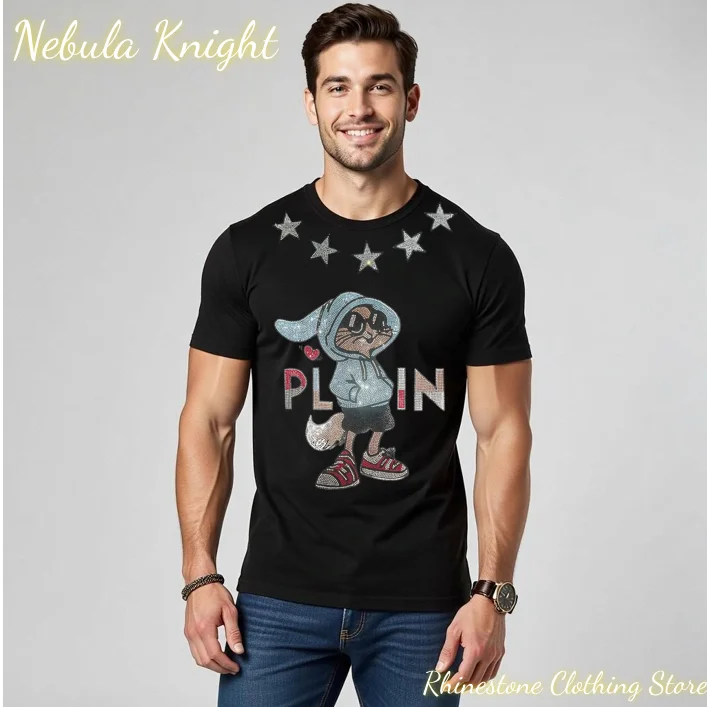 Fashion Mens Rhinestone Crystal Cotton Tee Classic Crew Neck Short Sleeve Comfort Streetwear Daily Outfit Shirt