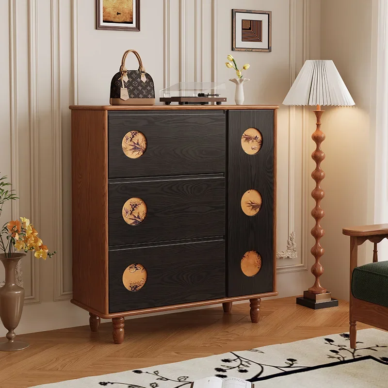 Medieval solid wood shoe cabinet, integrated against the wall, French retro living room, tipping bucket shoe storage cabinet