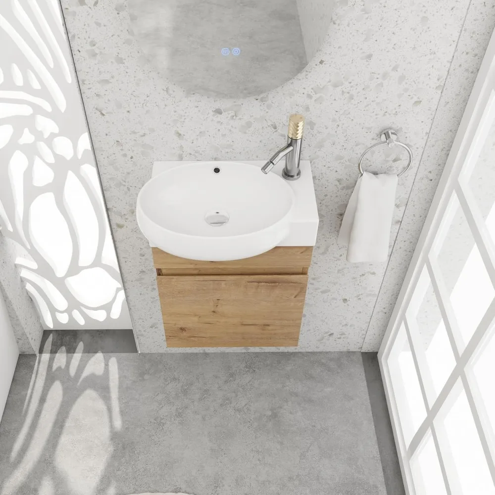 16 Wall-Mounted Floating Bathroom Vanity with Sink - Modern Vanity Cabinet for Small Bathrooms, Soft-Close Door & White Oak Fini