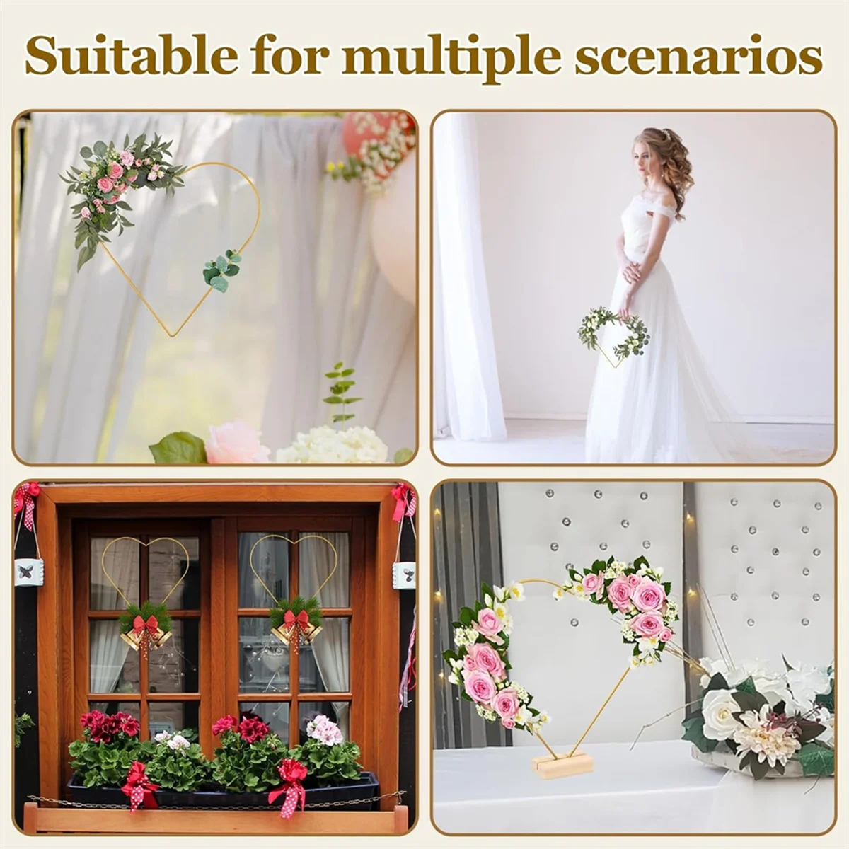 AA98 10Pcs 10 Inch Metal Floral Hoop Centerpiece with Wood Base, Heart Shape Ring Stand,for Decor Wall Hanging Crafts