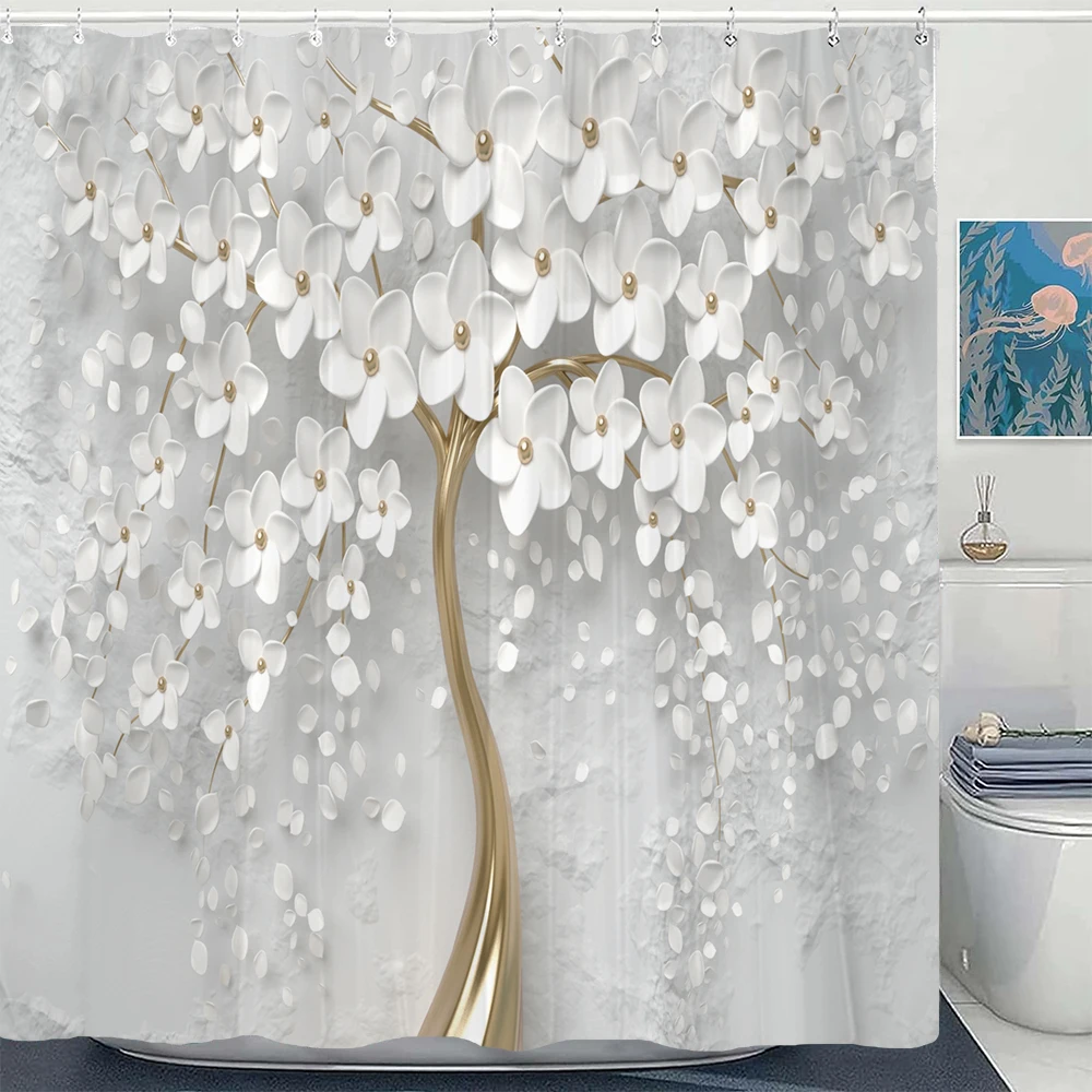 

Modern Nordic Minimalist White Flowers Shower Curtain Printed Art Flower Polyster Home Decor Bathroom Curtain with Hooks