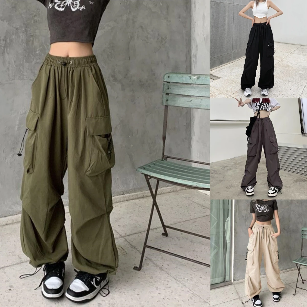 Y2k Streetwear Cargo Pants Women Casual Vintage Baggy Wide Leg Straight Trousers Jogger Big Pockets Oversize Overalls Sweatpants