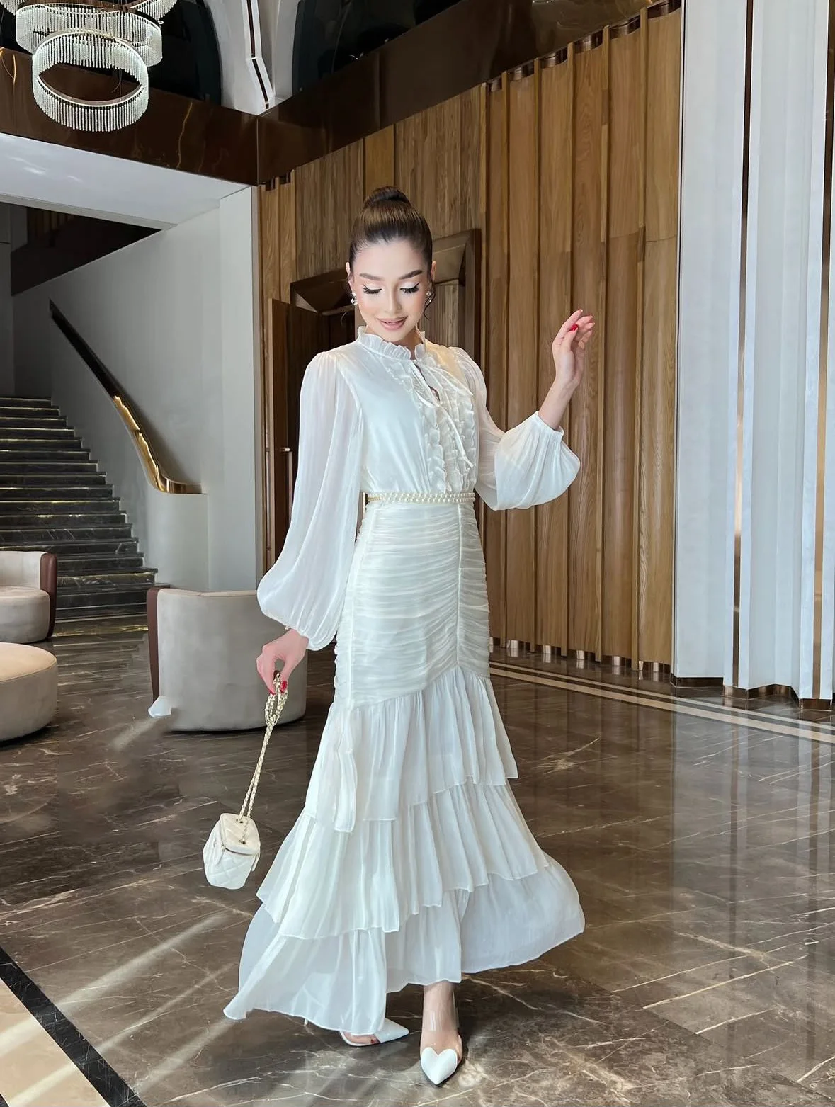 Spliced Lace Dresses Lantern Sleeve Ankle Length Dress Women Solid Party Dress… - Image 6