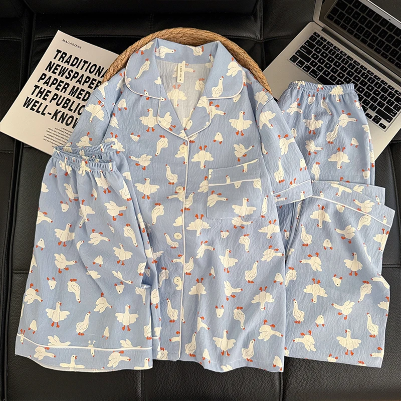 Spring Fall Cute Goose Print Women's Pajamas with Pants Korean-Style Casual Student Girls Sweet 3 Piece Pajamas Set Homewear