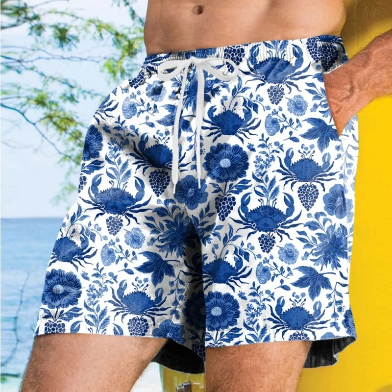 3D Printed Flower Grape Short Pants For Men Fun Crab Pattern Beach Shorts Fashion Casual Loose Street Hawaiian Surf Swim Trunks