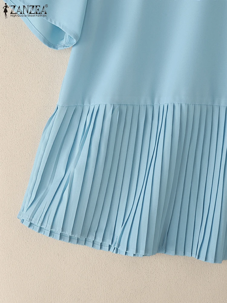 ZANZEA สตรีลําลองจีบ Hem เสื้อ 2025 ฤดูร้อน O-คอสั้นแขนยาวสีทึบ Blusas Mujer วันสวมใส่แฟชั่นเสื้อยืด Tops