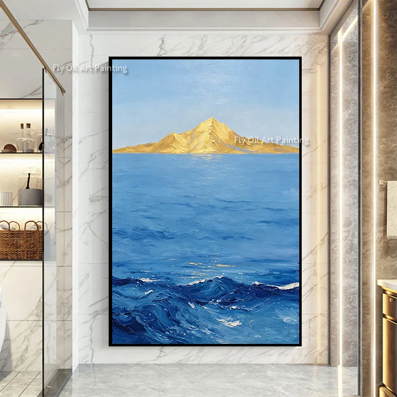 Blue Ocean View Canvas Artwork Handmade Modern Style Golden Yellow Mountains Landscape Yellow Sunset Oil Painting For Wall Decor