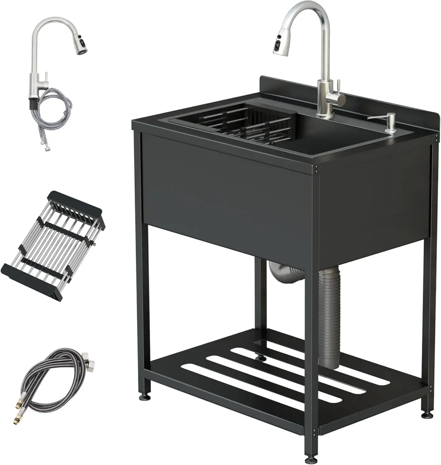 

Bestseller25.7" × 20.7" × 39.5"Freestanding Sink with Cold and Hot Water Faucet, Stainless Steel Utility Sink, Hoses and Drain