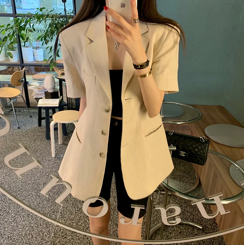 

Chic Retro Loose Women's Cotton Linen Suit Jacket Slimming Simple OL Personality Versatile Thin Top Button up Short Sleeve