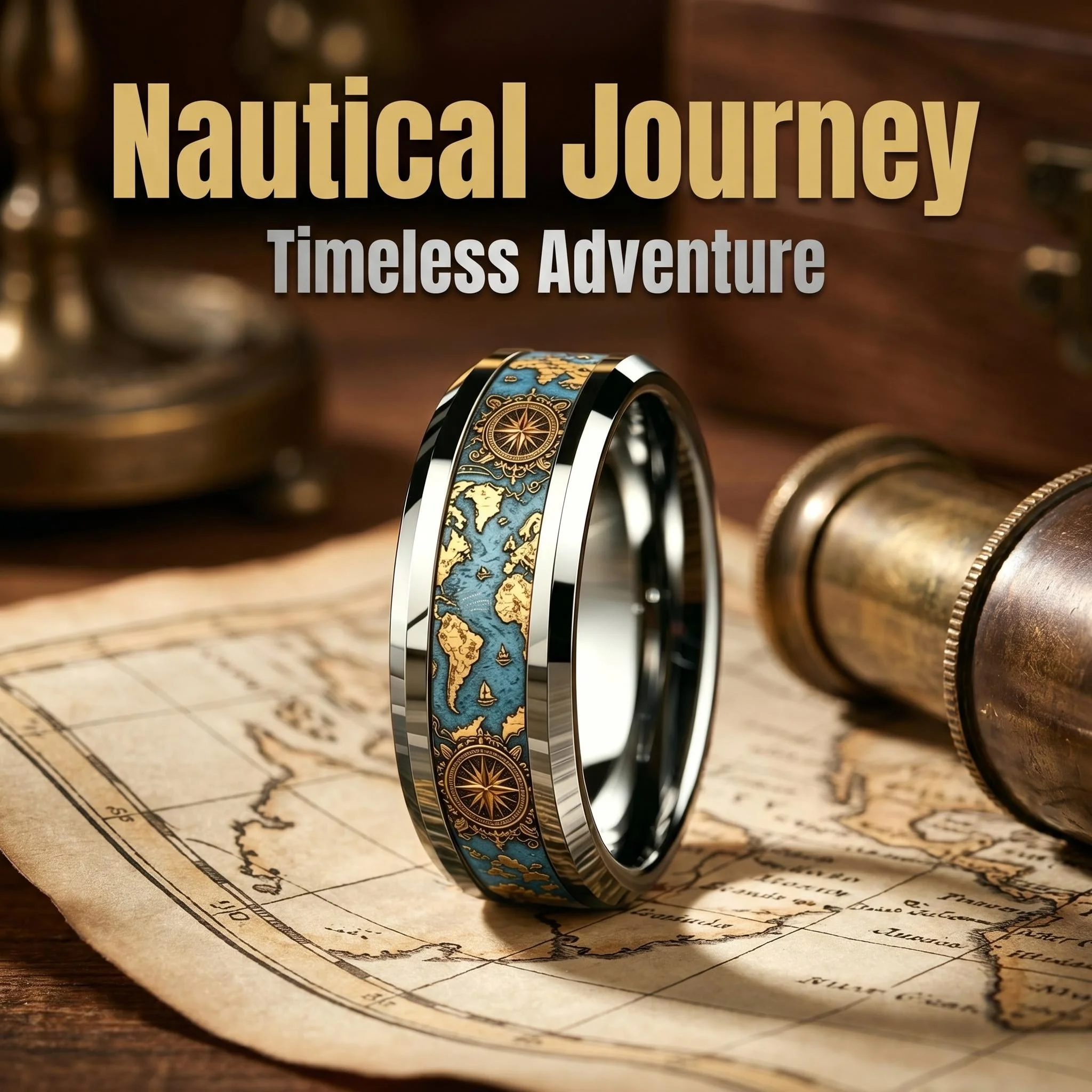 Vintage Weltkarten-Kompass Ring Retro Ozean-Thema Herren Edelstahlring Hochglanzpoliert Nautischer Reisenschmuck Geschenk für Ihn – Detail 6