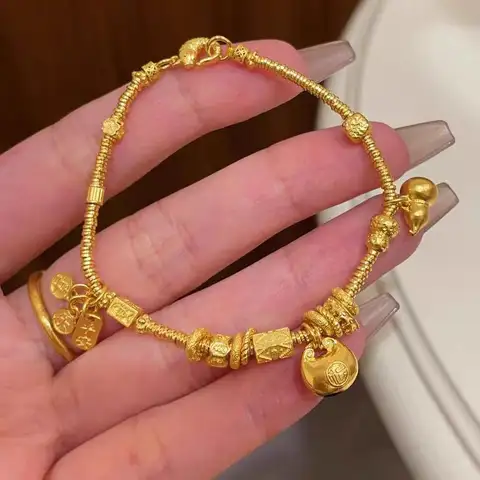 Damska bransoletka z 24-karatowego złota Chubby Fortune Coil, AU999 |   Postarzana tekstura dysku, rustykalna elegancja dla tradycyjnej mody.