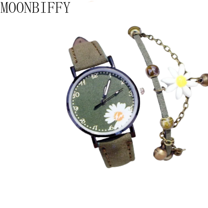 Casual Retro Woman Watch Daisy Flowers Cute Dress Ladies Wristwatch Bracelet Set Leather Band Female Watches Relogio Feminino