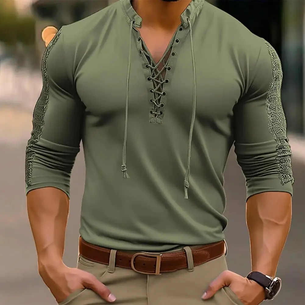 Men Solid Color Slim Fit T-shirt V-neck Lace Up Long Sleeve Muscle Tops High Elastic Adult Men Shirt Tops