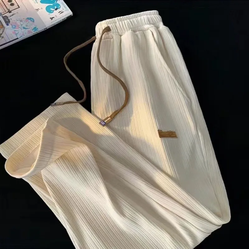 Simplicity Trend Summer Casual Pants Men's Elastic Waist Drawstring Pocket Quick Drying Thin Ice Silk Wide Leg Straight Trousers