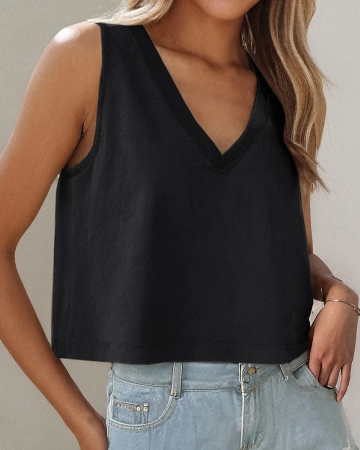 

2024 Summer New Solid Color Loose V-neck Casual Sleeveless Top