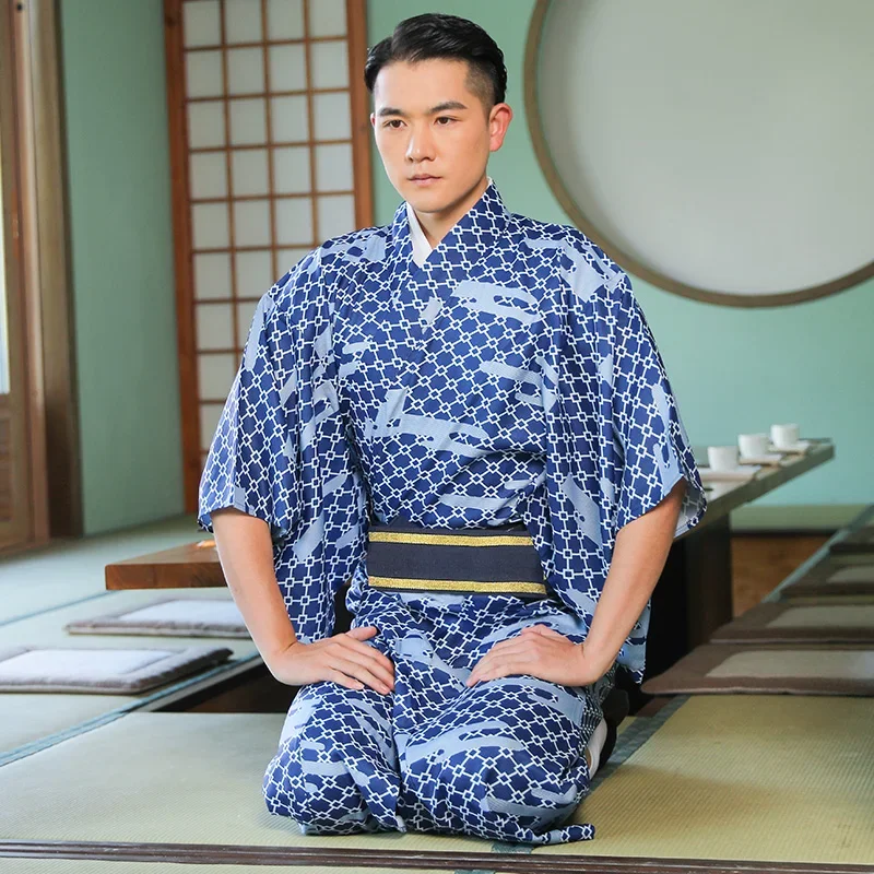 Traditional Japan Kimono Yukata Men's Dressing Gown Male Lounge Robes with Belt Summer Pajamas Anti-wrinkle Free Ironing