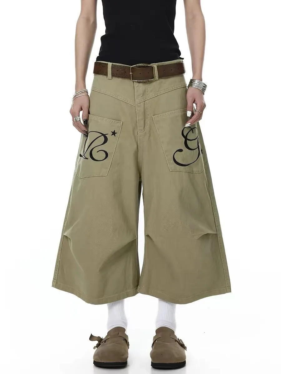 Women's Large Pocket Design Shorts Unisex Wide-leg Calf-length Pants Female Capris Cool Girl Trousers Cropped Sweatpants