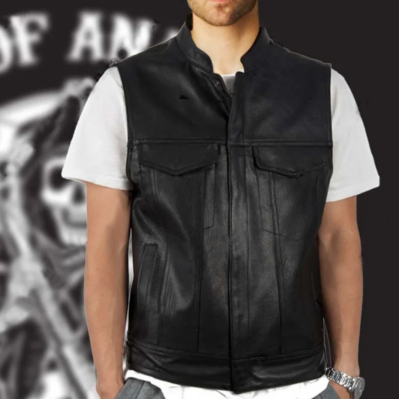 

Skull Head Letter Embroidered PU Vest Jacket Coat For Men's European American Retro Black Hip Hop Standing Neck Large Top Coat