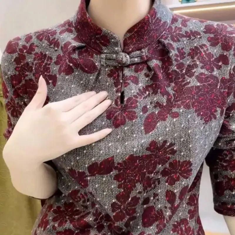 Commute Vintage Floral Printed Shirt Spring Autumn Folk Stylish Chinese Disc Buckle Women's Clothing Loose Stand Collar Blouse