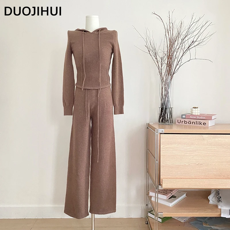 DUOJIHUI Classic Two Piece Chicly Hooded Female Pullovers Basic Drawstring Loose Pant Casual Solid Color Fashion Women Pullovers