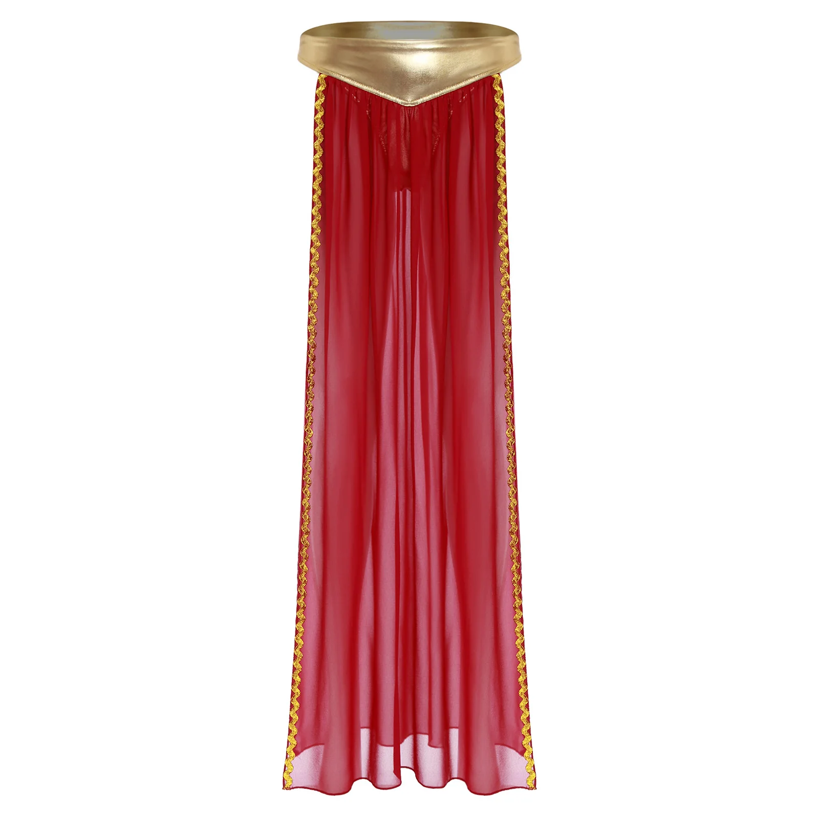 

Womens Ancient Egyptian Queen Cosplay Skirt Metallic Shiny Briefs with Chiffon Skirt Gold Side Slit Skirt for Halloween Party
