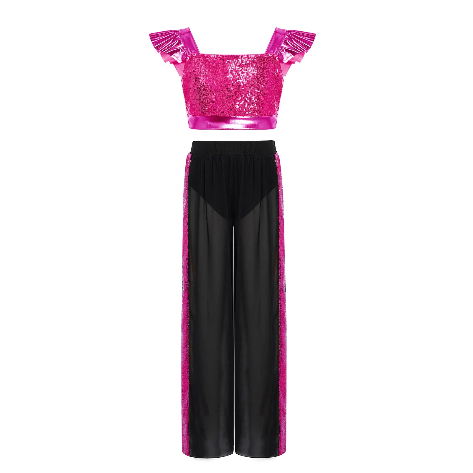 Kids Girls Jazz Dance Cheerleading Costume Shiny Sequins Metallic Crop Top with Chiffon Wide-Leg Pants Hip Hop Modern Dancewear