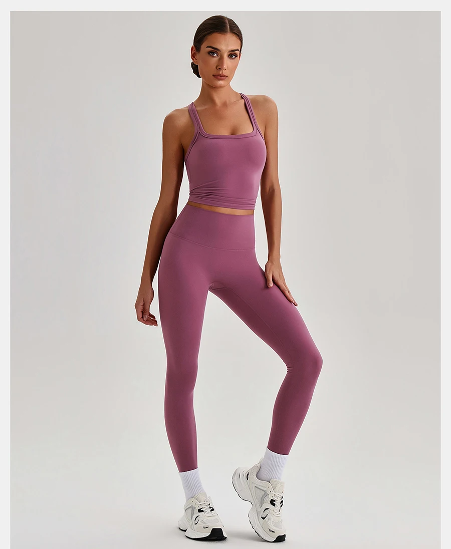 Butterweiches 2-teiliges Yoga-Set für Damen: Trainingskleidung mit gepolstertem Cross-Back-Tanktop und High-Waist-Leggings mit Po-Lifting-Effekt – Sportbekleidung für das Gym – Detail 8