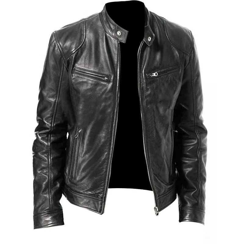 KIDWHXR Man Leather Jacket Motorcycle Punk Stand Collar Male Coat Windproof Long Sleeve Zipper Outdoor Casual Men Outerwear