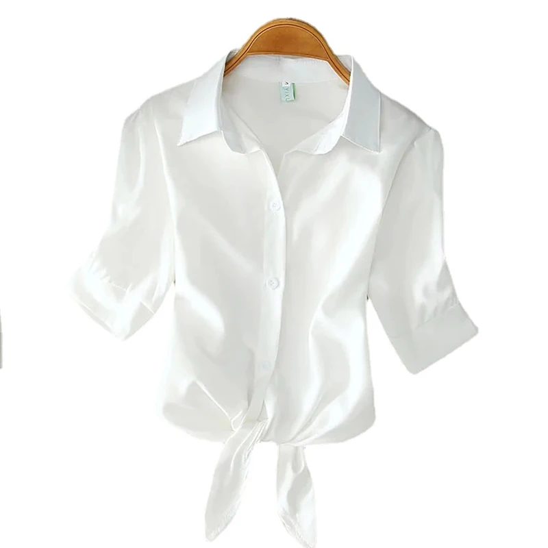 Summer White Shirt 2024 Basic Short Sleeve Women Blouses Solid Buttoned Up Shirt Top Tied Waist Elegant Women Tunics Tops 19870