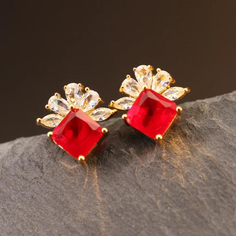 

New Princess Square Earrings Red Corundum Emerald Nano Light Luxury Zircon Fashion Personality Earrings for Women Niche Design