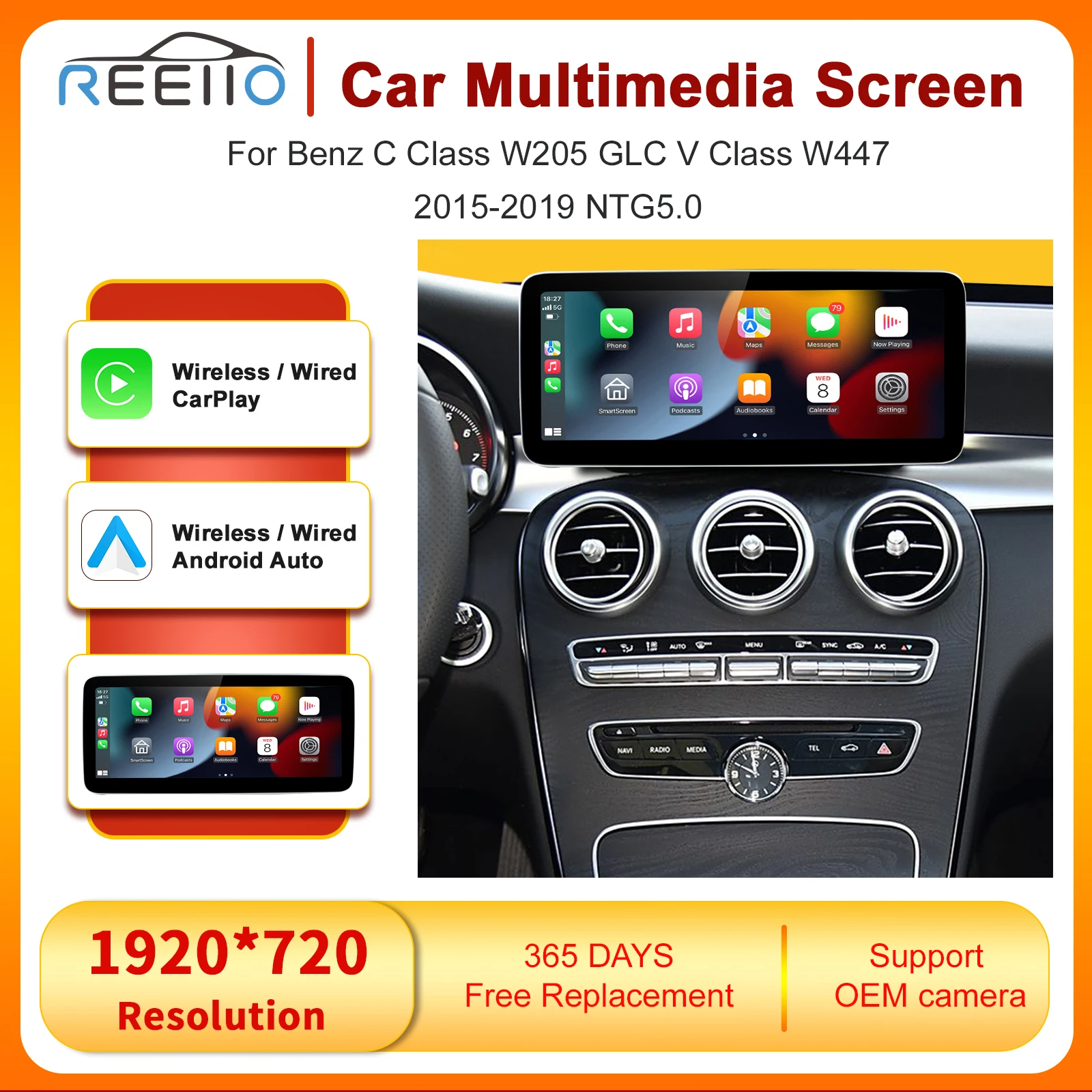 

Wireless Carplay/Android Auto 12.3'' Touch screen Multimedia for Mercedes Benz NTG5.0 A B C E GLE W212 W246 W205 W167 W176 C117