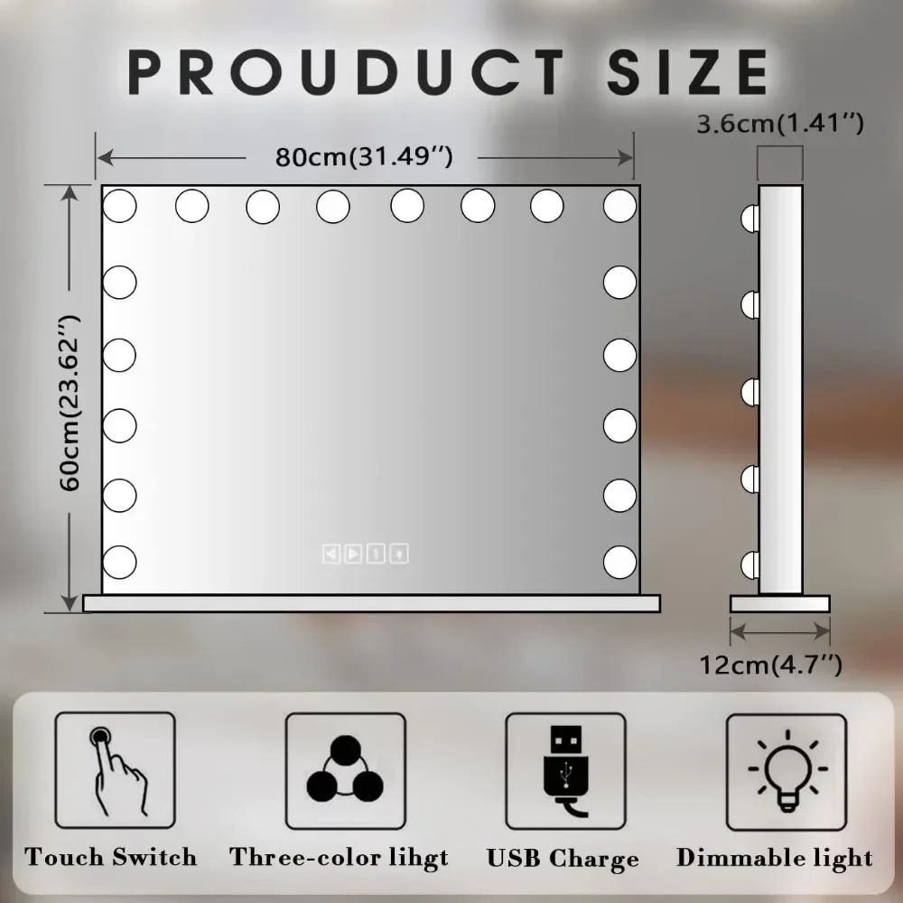 Mirror With Sturdy Base, 18 Dimmable LED Bulbs, 3 Light Colors Q#lL # Vanity Mirror With Lights And Speaker Lighted, Makeup
