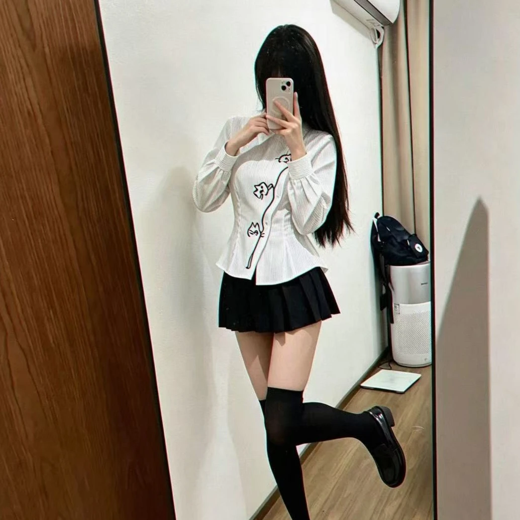 Asym Placket Striped Shirt Lapel Collar Sketch Cat Graphic Fitted Waist Puff Long Sleeve Ruffle Hem Cute Casual Spring Blouse