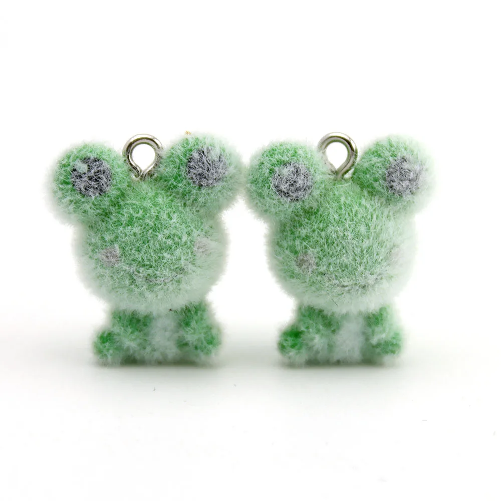 20Pcs 3D Cartoon Flocking Cute Frog Resin Charms Plush Animal Frog Pendant For Earring Phone Bag Keychains Diy Jewelry Make
