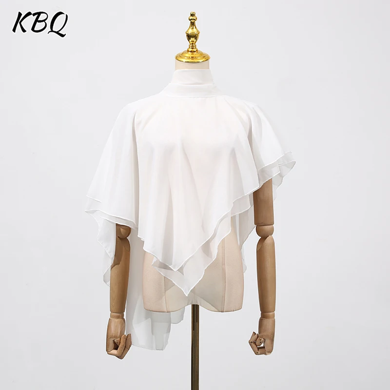 

KBQ Solid Spliced Lace Up Irregular Blouse for Women Scarf Collar Sleeveless Temperament Cape Type Chic Shirts Female Fashion