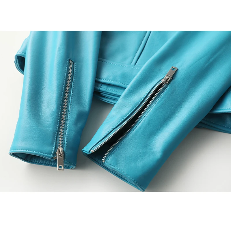 Importierte Luxus-Schaffelljacke für Damen, 2025, Herbstmode, Reißverschluss, Revers, weiblich, langärmelig, blau, echtes Leder, Bikerjacke
